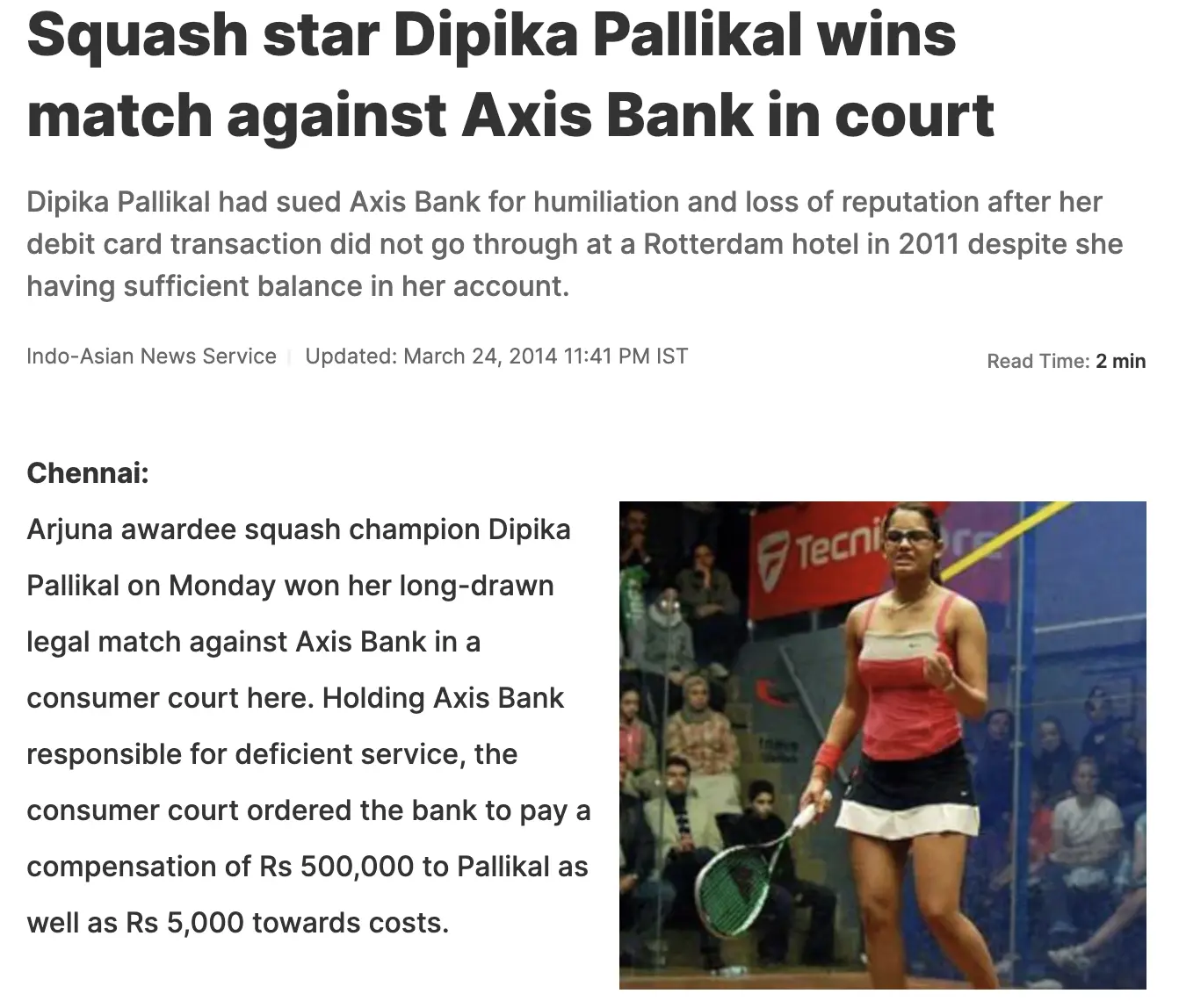 Dipika Pallikal Arjuna Award Winner. Axis Bank. Consumer Protection case in India.